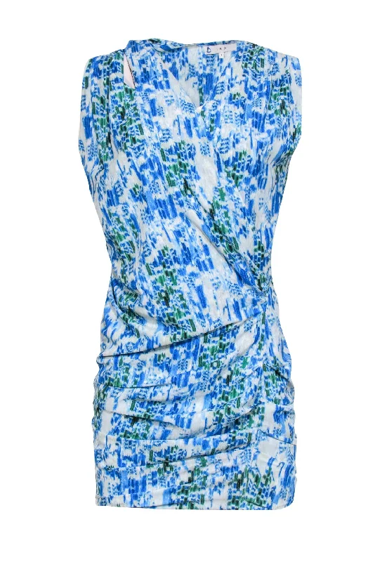 IRO - Blue, White & Green Abstract Print Ruched Shift Dress w/ Shoulder Cutouts Sz 4 Printed unclassified dresses