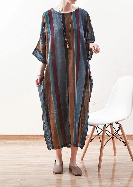 Italian blue striped linen cotton Robes o neck Batwing Sleeve Art spring Dresses Popular unclassified dresses