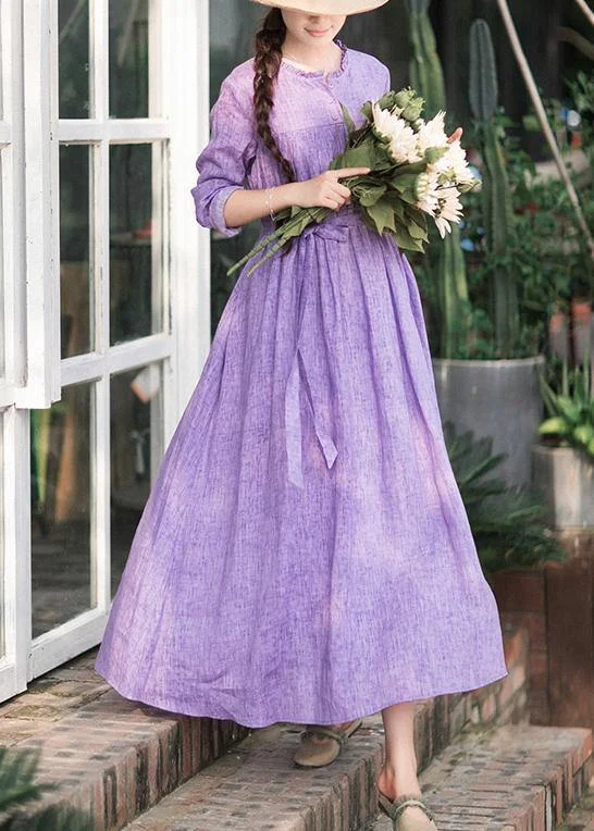 Italian Purple Outfit O Neck Tie Waist Dresses Spring Dresses Dark color unclassified dresses