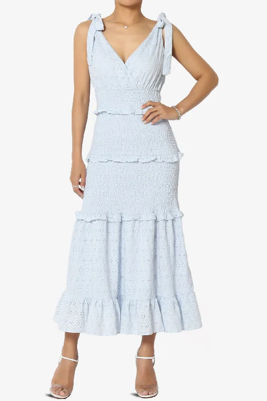 Jayce Embroidered Eyelet Smocked Ruffle Dress in Blue One-shoulder unclassified dresses