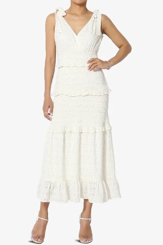 Jayce Embroidered Eyelet Smocked Ruffle Dress in Off White Halter unclassified dresses