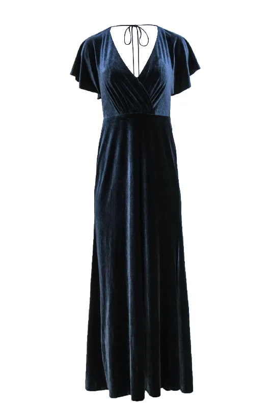 Jenny Yoo - Navy Velvet Ruffle Sleeve Gown Sz 8 Embroidered unclassified dresses