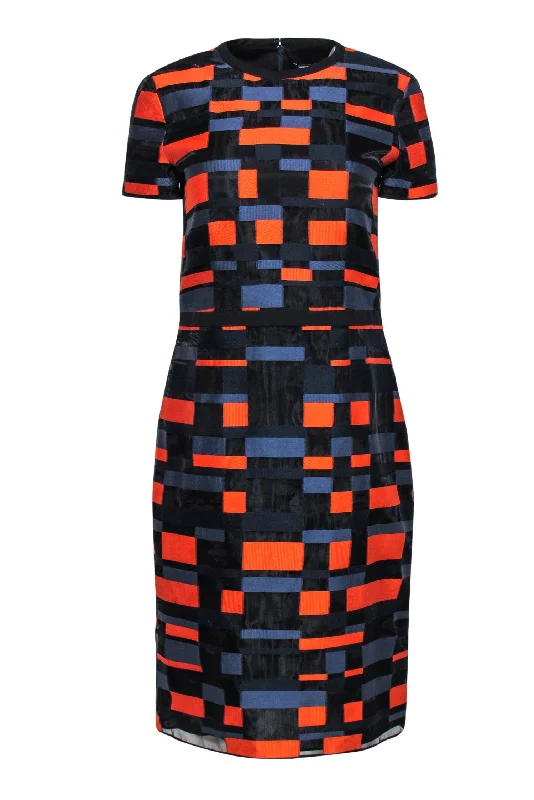 Jil Sander - Black, Navy & Orange Square Print Sheath Dress Sz 8 Tulle unclassified dresses