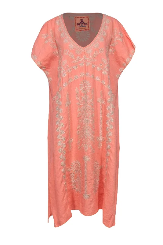 Johnny Was - Peach Embroidered Linen Caftan w/ Slits Sz 1X Graduation unclassified dresses