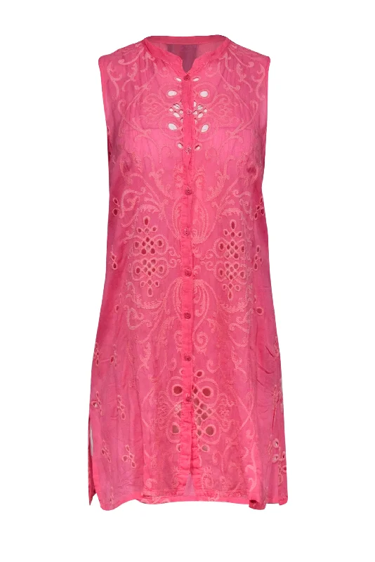 Johnny Was - Bubble Gum Pink Embroidered Button-Front Tunic Dress Sz S Comfortable unclassified dresses