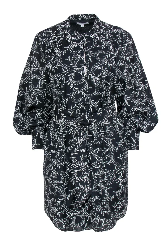 Joie - Black & White Leaf Illustration Button-Up Dress w/ Belt Sz M Spring unclassified dresses