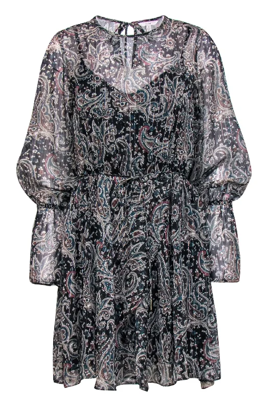 Joie - Black, Teal & Beige Paisley Print Bell Sleeve Dress w/ Metallic Threading Sz S Stretchy unclassified dresses