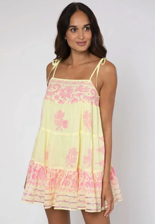 Juliet Dunn Dhaka Print Trapeze Dress - Yellow/Fuschia Denim unclassified dresses