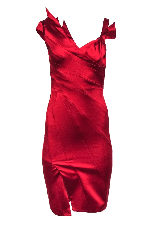 Karen Millen - Red Satin Pleated Neckline Sheath Dress w/ Bow Accent Sz 4 Stylish unclassified dresses