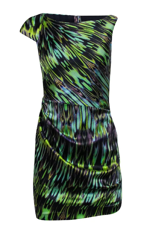 Karen Millen - Purple & Green Swirled Satin Asymmetric Sheath Dress Sz 4 Wedding guest unclassified dresses