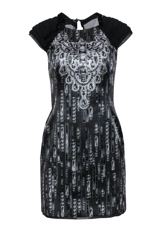 Karen Millen - Black Diamond Print Sheath Dress w/ Pleated Sleeves & Velvet Trim Sz 6 Best-selling unclassified dresses