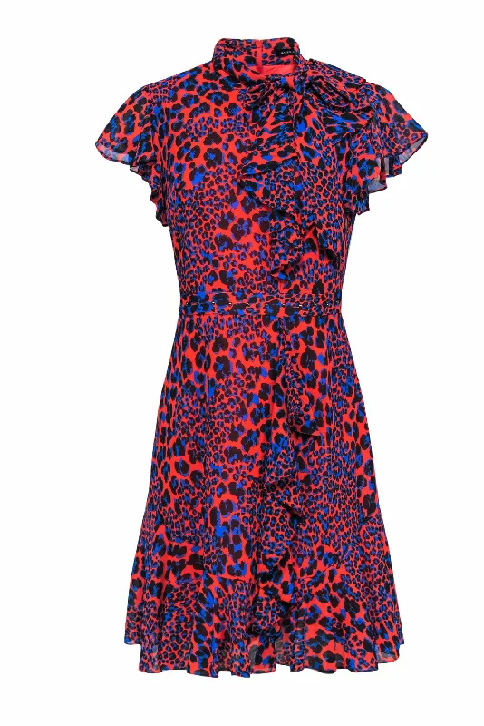 Karen Millen - Red & Blue Leopard Print Dress w/ Studded Waist Sz 8 Floral unclassified dresses