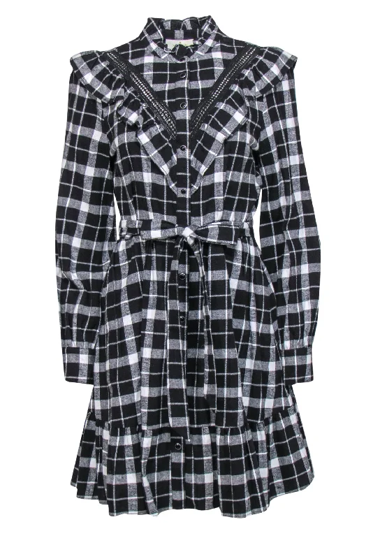 Kate Spade - Black & White Plaid Flannel Ruffled Belted Dress Sz S Chiffon unclassified dresses