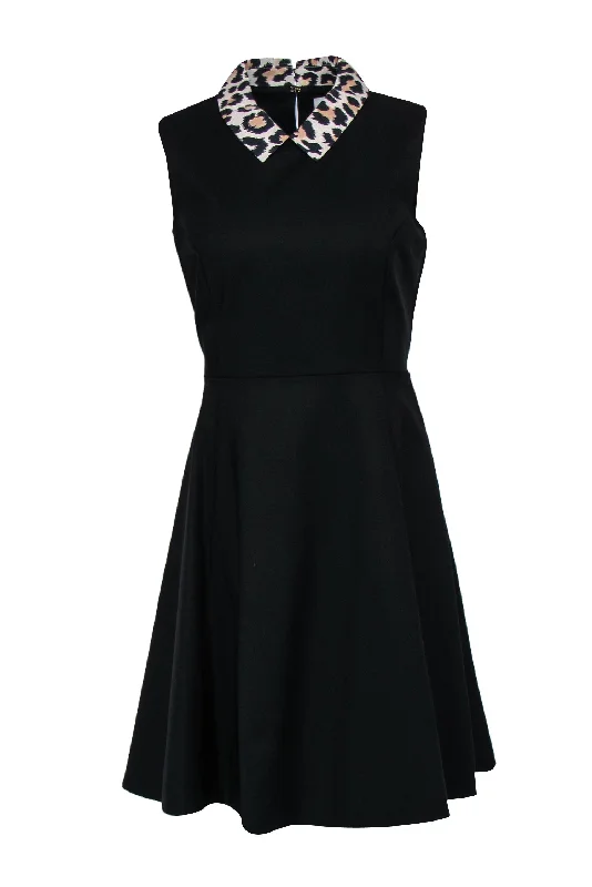 Kate Spade - Black Sleeveless Fit & Flare Dress w/ Leopard Print Collar Sz 10 Chic unclassified dresses