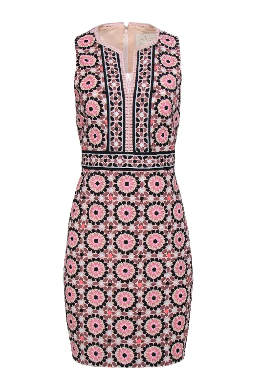 Kate Spade - Pink Geometric Print Sleeveless Sheath Dress w/ Embroidered Trim Sz 8 Discounted unclassified dresses