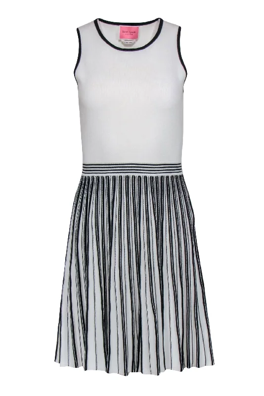 Kate Spade - White & Black Striped Pleated Knit Fit & Flare Dress Sz S Summer unclassified dresses