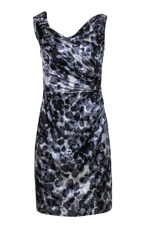 Kay Unger - Grey, Black & White Printed Ruched Silk Sheath Dress Sz 4 Summer unclassified dresses