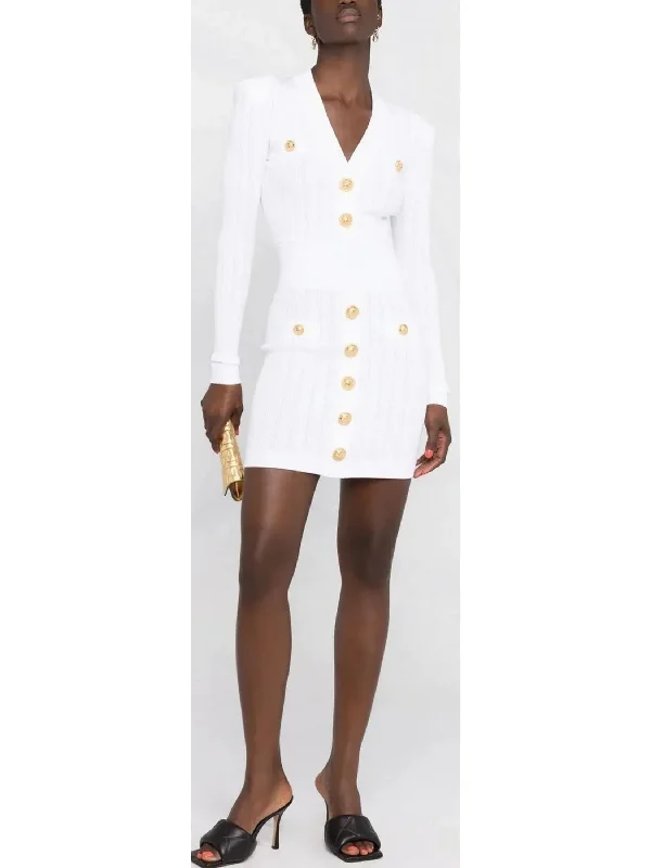 Knit Dress with Gold-Tone Buttons in White Metallic unclassified dresses