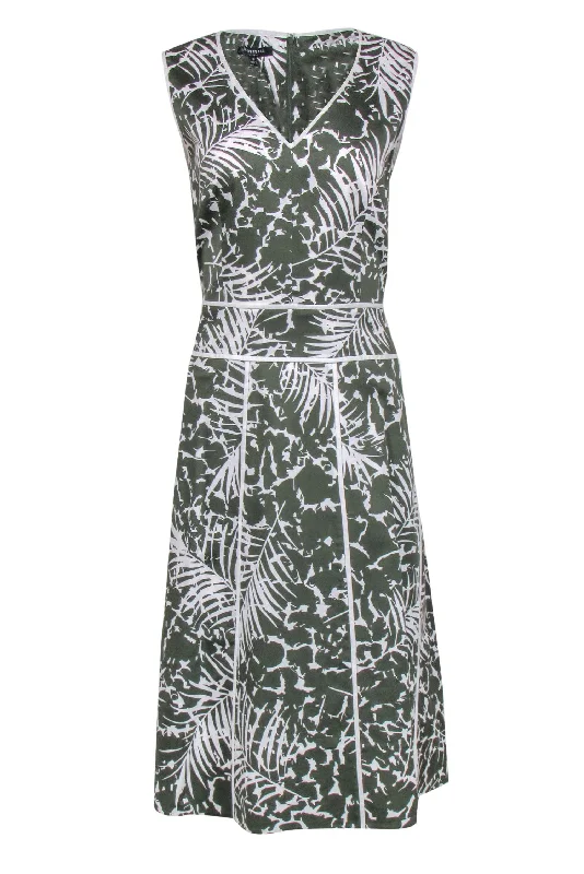 Lafayette 148 - Green & White Leaf Print Sleeveless A-Line Dress Sz 10 Chiffon unclassified dresses