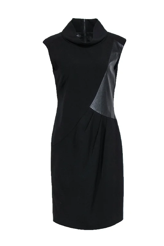 Lafayette 148 - Black Fitted Sheath Dress w/ Cowl Neckline & Leather Panel Sz 8 Pastel unclassified dresses