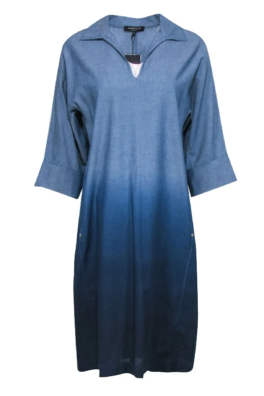 Lafayette 148 - Ombre Blue Chambray Batwing Shift Dress Sz M Beaded unclassified dresses