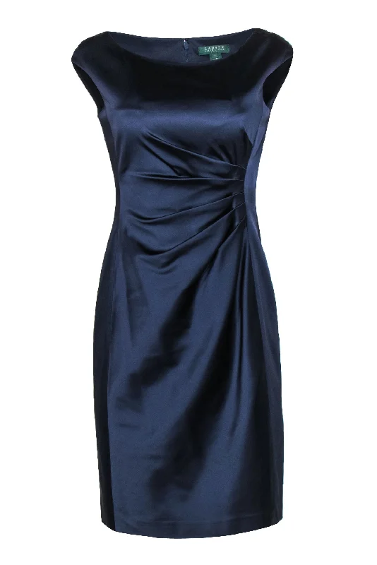 Lauren Ralph Lauren - Purpleish Navy Satin Pleated Sheath Dress Sz 4 Ruched unclassified dresses