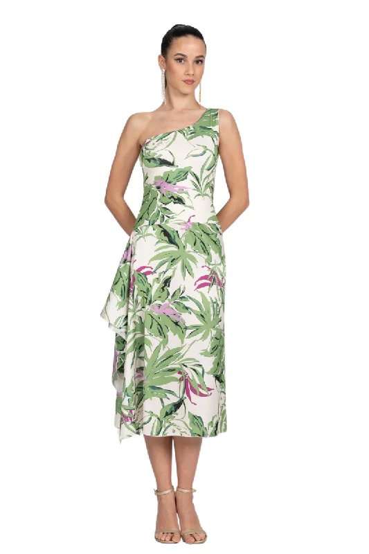 Leaf Print One-Shoulder Keyhole Back Tango Dress With Side Draping Trendy unclassified dresses