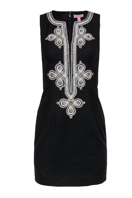 Lilly Pulitzer - Black Textured "Mila" Sheath Dress w/ Gold & Silver Embroidery Sz 0 Lace unclassified dresses