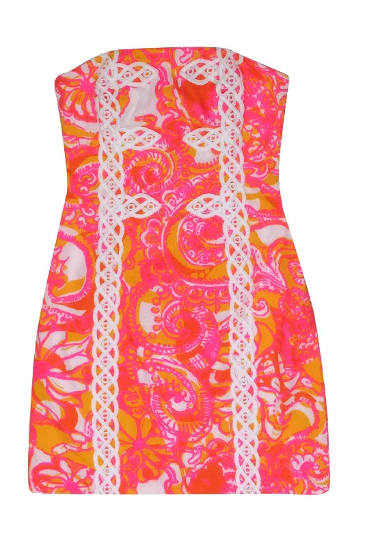 Lilly Pulitzer - Orange & Pink Print Strapless Dress w/ White Embroidery Sz 00 Sleeveless unclassified dresses