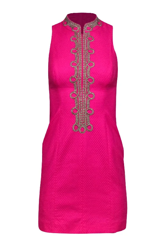 Lilly Pulitzer - Neon Pink Textured Sleeveless Shift Dress w/ Gold Embroidery Sz 00 Everyday wear unclassified dresses