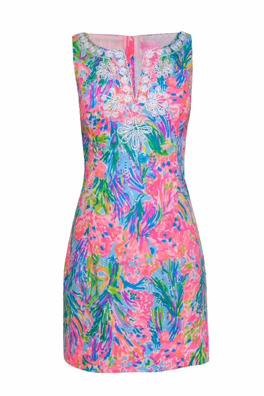 Lilly Pulitzer - Multicolor Neon Coral Printed Shift Dress w/ Embroidered Front Sz 10 Travel unclassified dresses