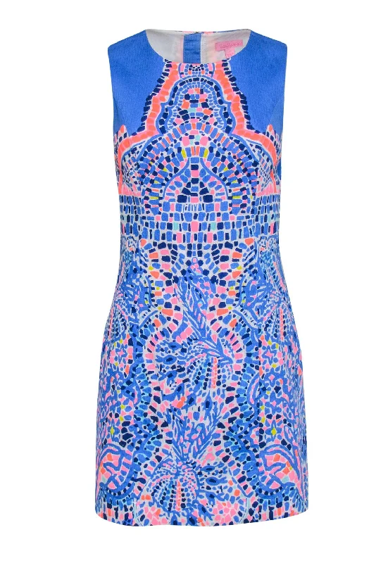 Lilly Pulitzer - Blue, Neon Pink & Yellow Mosaic Print Sleeveless Sheath Dress Sz 2 Wrap unclassified dresses