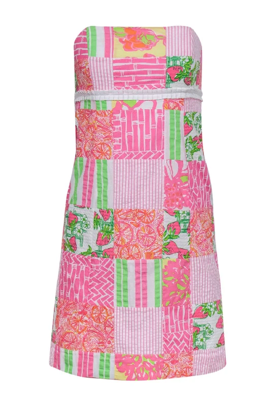 Lilly Pulitzer - Pink & Green Mixed Fruit Patchwork Cotton Strapless Dress Sz 2 Bodycon unclassified dresses