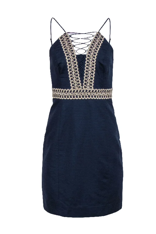 Lilly Pulitzer - Navy Textured Cotton High-Neck "Trista" Shift Dress w/ Gold-Embroidery Sz 2 Stylish unclassified dresses