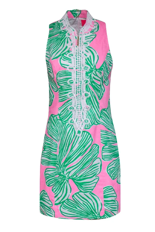 Lilly Pulitzer - Pink, Green & White Leaf Print Sheath Dress w/ Embroidered Trim Sz 4 Cocktail unclassified dresses