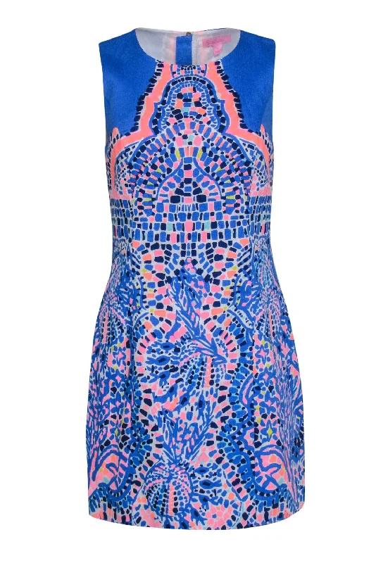 Lilly Pulitzer - Blue, Neon Pink & Yellow Mosaic Print Sheath Dress Sz 4 Corset unclassified dresses