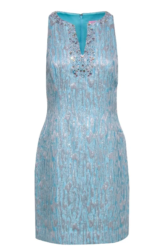 Lilly Pulitzer - Turquoise & Silver Textured "Airy" Shift Dress w/ Beaded Neckline Women's unclassified dresses