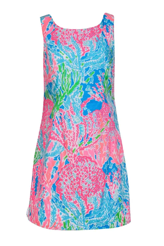 Lilly Pulitzer - Neon Blue & Multicolor Coral Print Cotton Shift Dress Sz 8 Cotton unclassified dresses