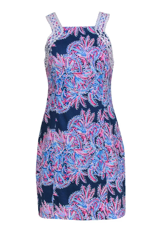 Lilly Pulitzer - Navy, Blue & Pink Printed Embroidered "Makayla" Shift Dress Sz 8 Printed unclassified dresses