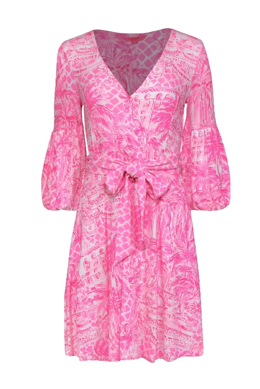 Lilly Pulitzer - Hot Pink Scenic Palm Tree Print Balloon Sleeve "Chace" Dress Sz S Silk unclassified dresses