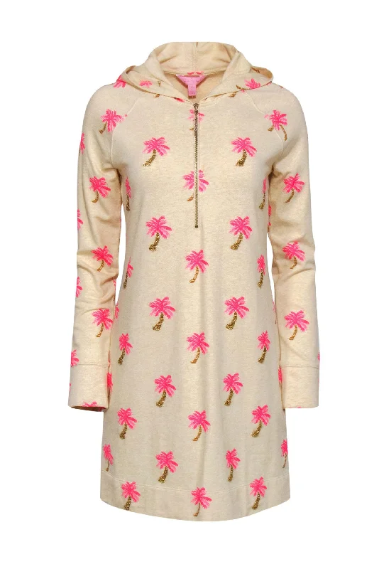 Lilly Pulitzer - Beige & Pink Beaded Palm Tree Print "Skipper" Hoodie Dress Sz S Lounge unclassified dresses