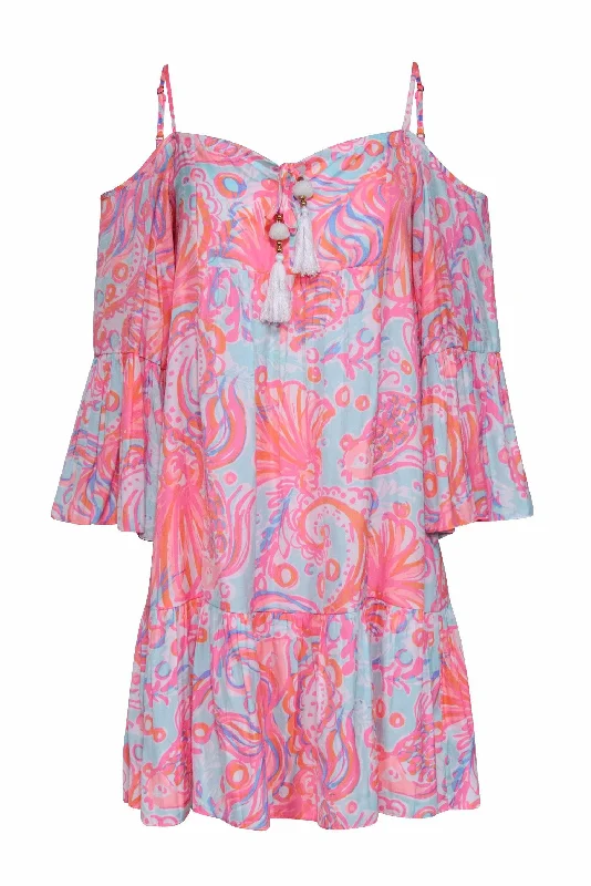 Lilly Pulitzer - Pink, Orange, & Blue Shell Print Boho Swing Dress w/ Cold Shoulder Sz XS Fall unclassified dresses