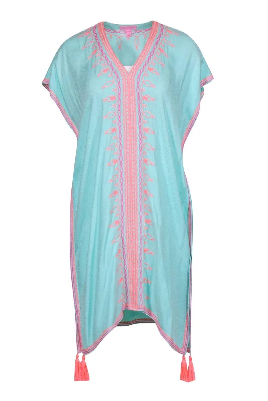 Lilly Pulitzer - Turquoise Caftan w/ Pink Embroidery & Neon Coral Tassels Sz XXS/XS Short unclassified dresses