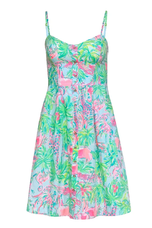 Lilly Putlitzer - Blue, Green & Pink Cotton Tropical Flamingo Print Dress Sz 00 Vacation unclassified dresses