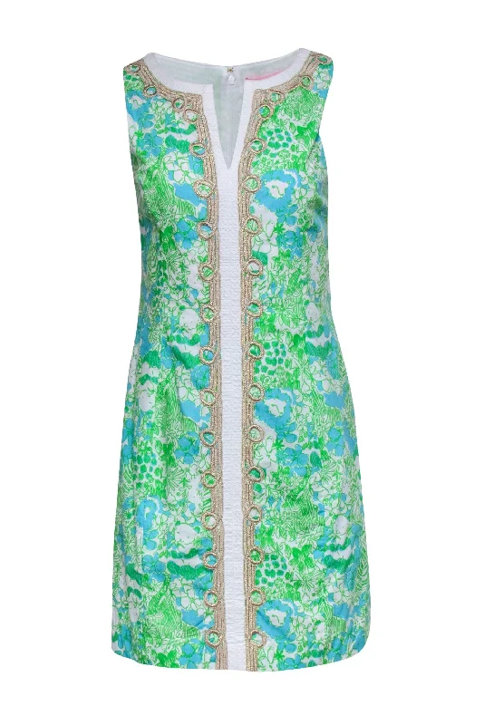 Lilly Pulitzer - Green, White & Blue Jungle Print "Janice" Shift Dress w/ Gold Embroidery Sz 4 A-line unclassified dresses