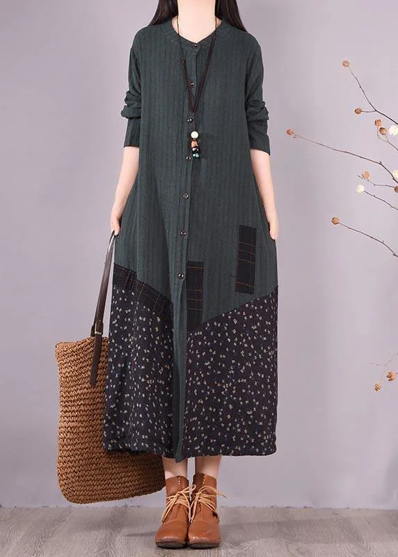 Loose O Neck Pockets Spring Clothes Design Blackish Green Patchwork Print Dresses Striped unclassified dresses