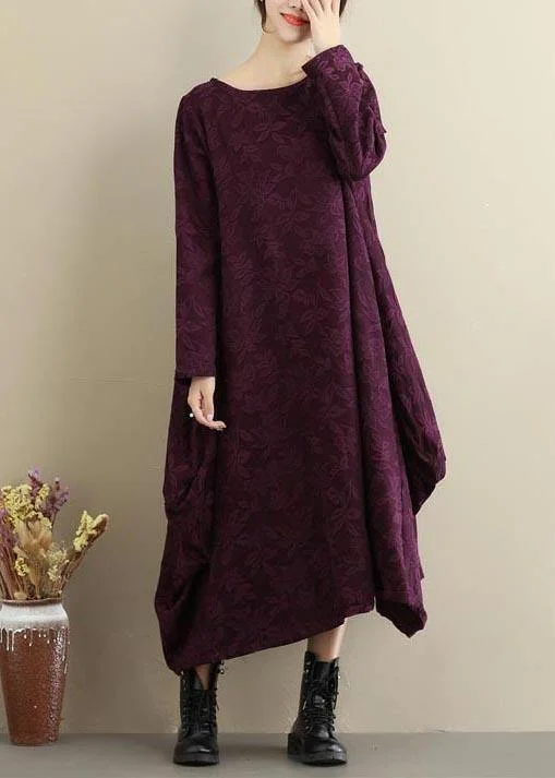 Loose Purple Jacquard Outfit O Neck Asymmetric Traveling Spring Dresses Club unclassified dresses