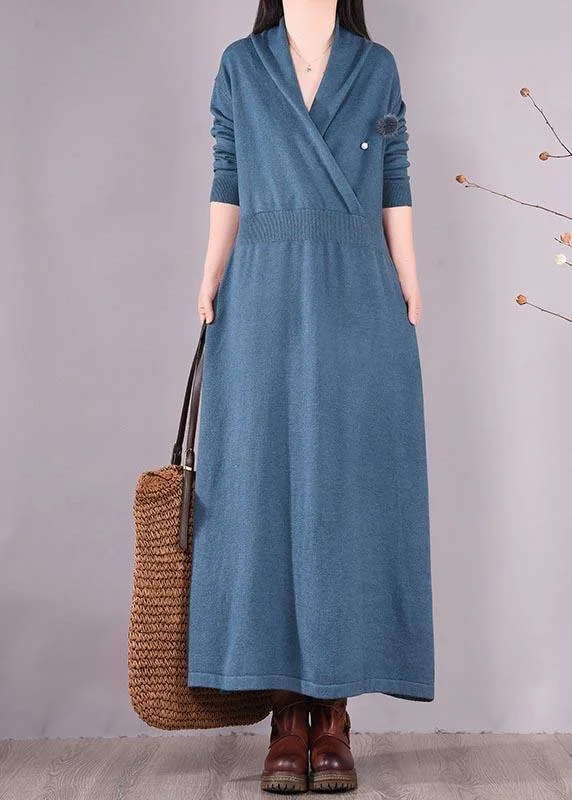 Loose V Neck Asymmetric Spring Quilting Clothes Work Blue Robes Dresses Street style unclassified dresses