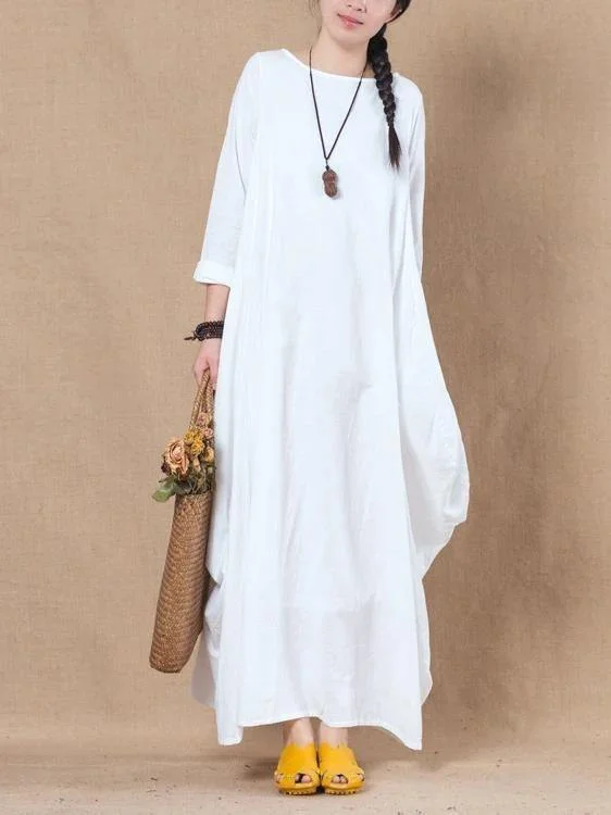 Loose white cotton linen dress o neck asymmetric A Line spring Dresses Ruched unclassified dresses