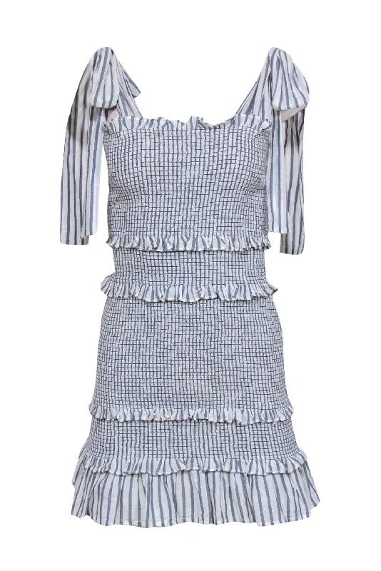 LoveShackFancy - Blue & White Striped Smocked Dress w/ Ruffles & Tie Shoulders Sz S Striped unclassified dresses